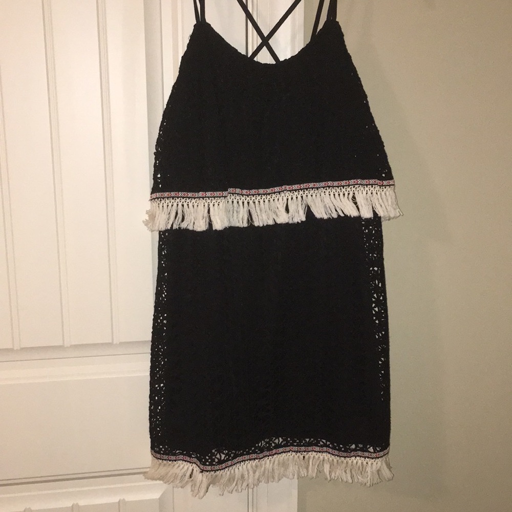 Black spaghetti strap dress with white fringe